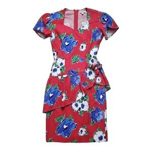 TARETI‎ Vtg Red Blue Floral Ruffle Dress Sz 10 1980s Peplum Statement 80s